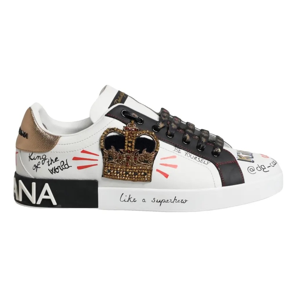 Dolce & Gabbana White Sneakers with Gold Crown and Black Accents